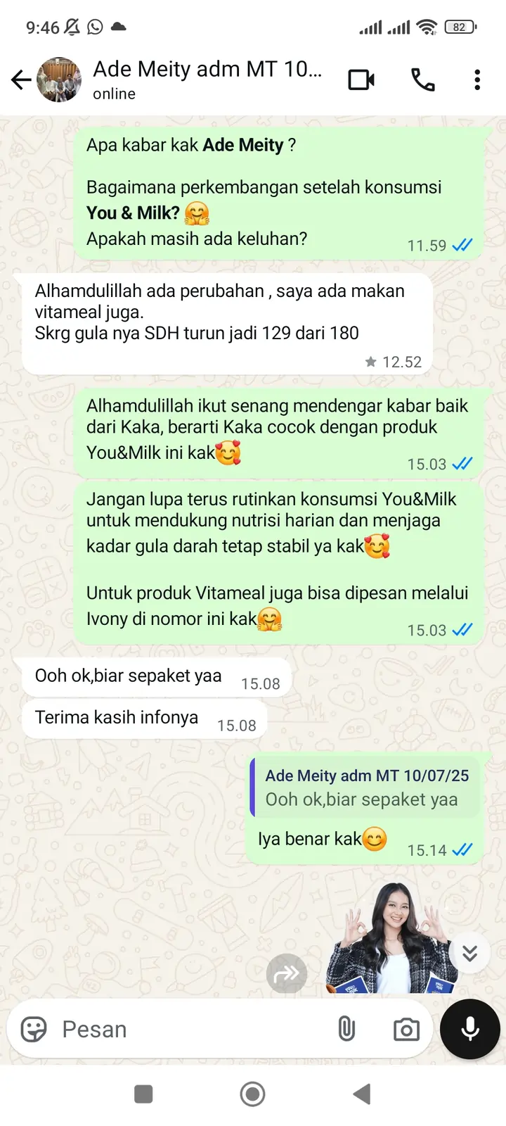 Gula darah turun dari 180 ke 129 + konsumsi vitameal